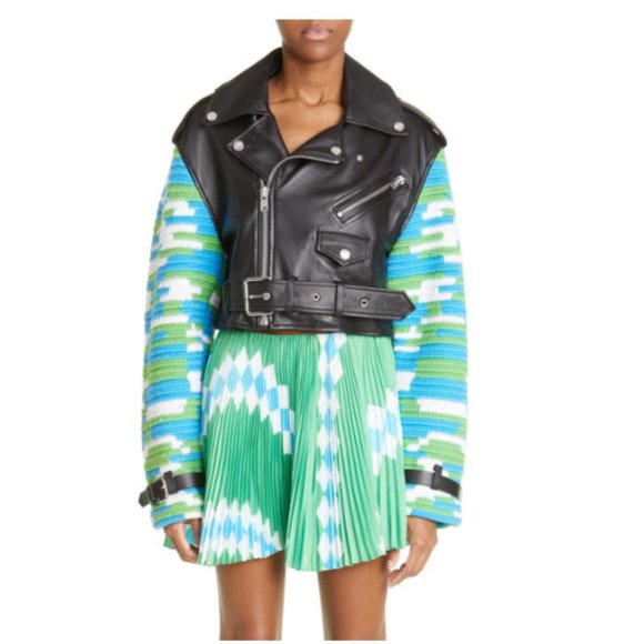 Monse Crochet Sleeve Soft Leather Moto Jacket